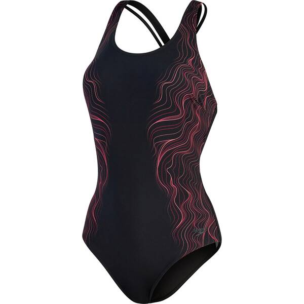 Lieben Sie Ihren Look mit stilvoll formender Bademode. Schwimmen Sie stilvoll in unserem schmeichelhaften schwarzen Calypso-Badeanzug mit geschwungenem Ausschnitt und einem faszinierenden Seitendruck in Rot- und Rosatönen. Ein attraktives