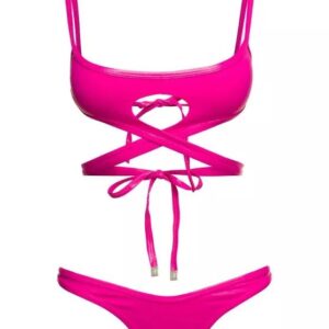 Bikini-SetViereckiger AusschnittSpaghetti-TrägerAusgeschnittene DetailsWraparound-StilFuchsia rosaPolyamidNormale Passform