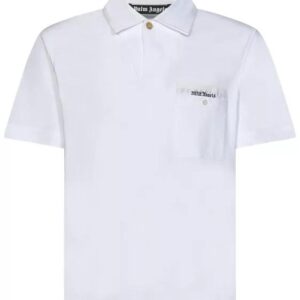 Weißes Baumwoll-Piqué-Poloshirt mit Brusttasche und Logobandbesatz.