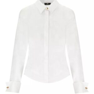 Elisabetta Franchi Hemd aus weißer Baumwollpopeline. Rüschen auf dem Rücken und kontrastierender Logodruck