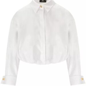 Elisabetta Franchi Hemd aus weißer Baumwollpopeline. Es zeichnet sich durch einen Balloneffekt aus und hat 3/4-Ärmel mit Logodetails an den Manschetten