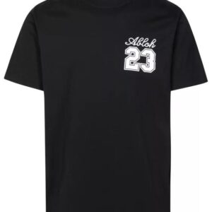 Das T-Shirt Logo 23 von Off-White ist eine luxuriöse Ergänzung für deinen Kleiderschrank. Dieses schwarze T-Shirt ist aus hochwertigem 100 %igem Baumwollmaterial gefertigt