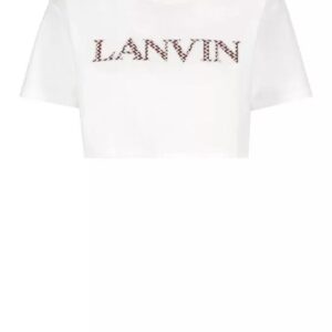 Weißes Lanvin Baumwoll-T-Shirt mit Rundhalsausschnitt für FrauenRundhalsausschnittKurze ÄrmelKontrastfarbige Logostickerei auf der Vorderseite