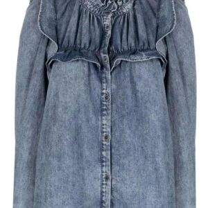 Das Idety-Top von MARANT ÉTOILE verleiht dem klassischen Jeanshemd einen romantischen Touch mit flatterhaften Rüschen und einem gesmokten Dekolleté. Es ist aus Baumwoll-Denim gefertigt