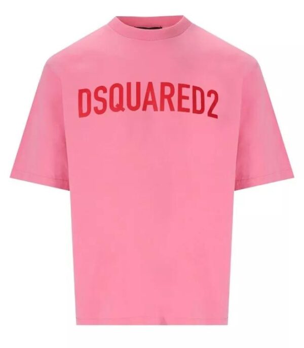 Dsquared2 T-Shirt aus rosa Baumwolle mit rotem Logodruck auf der Vorderseite. Lockere Passform.Zusammensetzung: 100'%' Baumwolle.