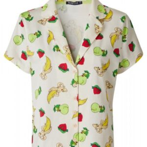Kurzärmlige Pyjama Bluse mit auffälligem Obst Muster Mit Stehkragen und Knopfleiste Material 100% Baumwolle