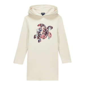 Langärmeliges Sweatshirt-Kleid mit Kapuze. Ikat-Print und Schildkrötendetail in der Mitte. Ikat Kleid mit Schildkröten-Print für Mädchen. Kleid für Mädchen. 100 % Bio-Baumwolle.