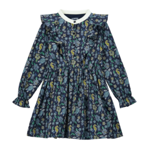 Langärmeliges Kleid mit Mandarinkragen. Geraffte Rüschendetails an den Schultern. Mosaik-Print. Mosaïque Kleid für Mädchen. Kleid für Mädchen. 100 % Baumwolle.
