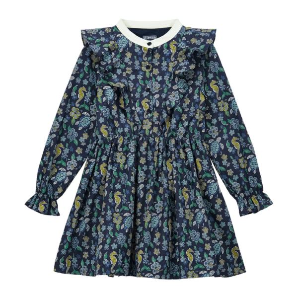 Langärmeliges Kleid mit Mandarinkragen. Geraffte Rüschendetails an den Schultern. Mosaik-Print. Mosaïque Kleid für Mädchen. Kleid für Mädchen. 100 % Baumwolle.
