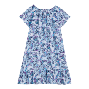 Kleid für Mädchen mit Rüschendetails. Geraffter Ausschnitt. Mikroärmel. Isadora Fish Kleid für Mädchen. Kleid für Mädchen. 100 % Bio-Baumwolle.