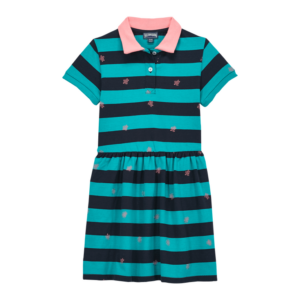 Kurzärmeliges Kleid für Mädchen mit Hemdkragen. Geknöpfter Kragen zum Öffnen mittig vorn. Streifen in Marineblau und St.-Tropez-Grün mit rosa Schildkröten</li> Plumetis Navy Stripes Kleid für Mädchen. Kleid für Mädchen. 100 % Baumwolle.