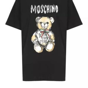 Schwarzes Moschino Baumwoll-T-Shirt für FrauenRundhalsausschnittKurze ÄrmelVorderseite mit kontrastierendem