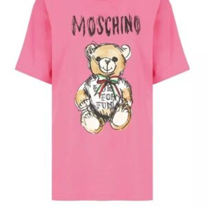 Fuchsia Moschino Baumwoll-T-Shirt für FrauenRundhalsausschnittKurze ÄrmelVorderseite mit kontrastierendem
