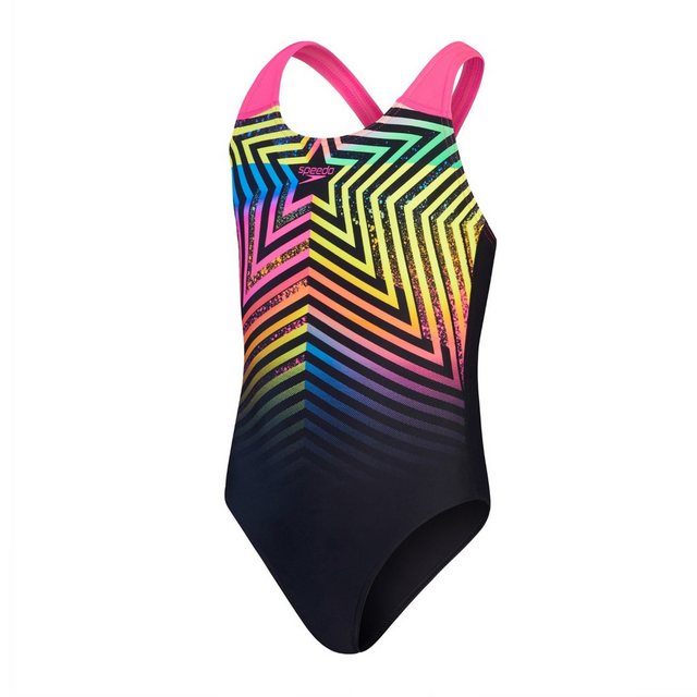 Speedo Badeanzug Mädchen Digital Placement Splashback 100% ChlorbeständigSei der Star in diesem farbenfrohen Splashback Badeanzug mit einer strahlenden Stern-Grafik. Perfekt für den Schwimmunterricht – die Splashback-Träger sind von den Schultern abgesetzt