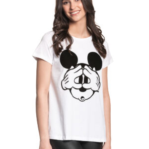 DISNEY DAMEN T-SHIRTMarke: DisneyModell: Mickey Mouse Hey Mickey ShirtProdukt Nr.: 38389Farbe: weissHauptmaterial: 100% BiobaumwolleDer Frontdruck zeigt das Gesicht von Mickey Mouse
