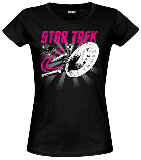 STAR TREK DAMEN T-SHIRTMarke: Star TrekModell: Adventure T-Shirt femaleProdukt Nr.: 39207Farbe: schwarzHauptmaterial: 100% BaumwolleDieses Damen Shirt ist aus einem angenehmen Baumwollmaterial. Es ist figurbetont geschnitten