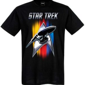 STAR TREK HERREN T-SHIRTMarke: Star TrekModell: Shining Badge T-Shirt maleProdukt Nr.: 44601Farbe: schwarzHauptmaterial: 100% BaumwolleDieses schwarze Herren T-Shirt besteht aus einem angenehmen Baumwollmaterial. Es hat einen runden Halsausschnitt
