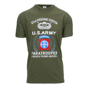 T-Shirt mit dem U.S. Army Paratrooper 82ND Logo. Das T-Shirt ist bequem und hat durch den Elasthan-Anteil eine hervorragende Passform. 82nd Airborn Division Die Amerikanische 82. Luftlandedivision (Englisch: 82nd Airborne Division) ist eine Divison der United States Army