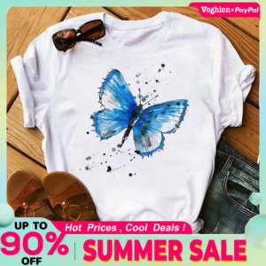 2023 Kurzarm-T-Shirt mit Schmetterlingsdruck
